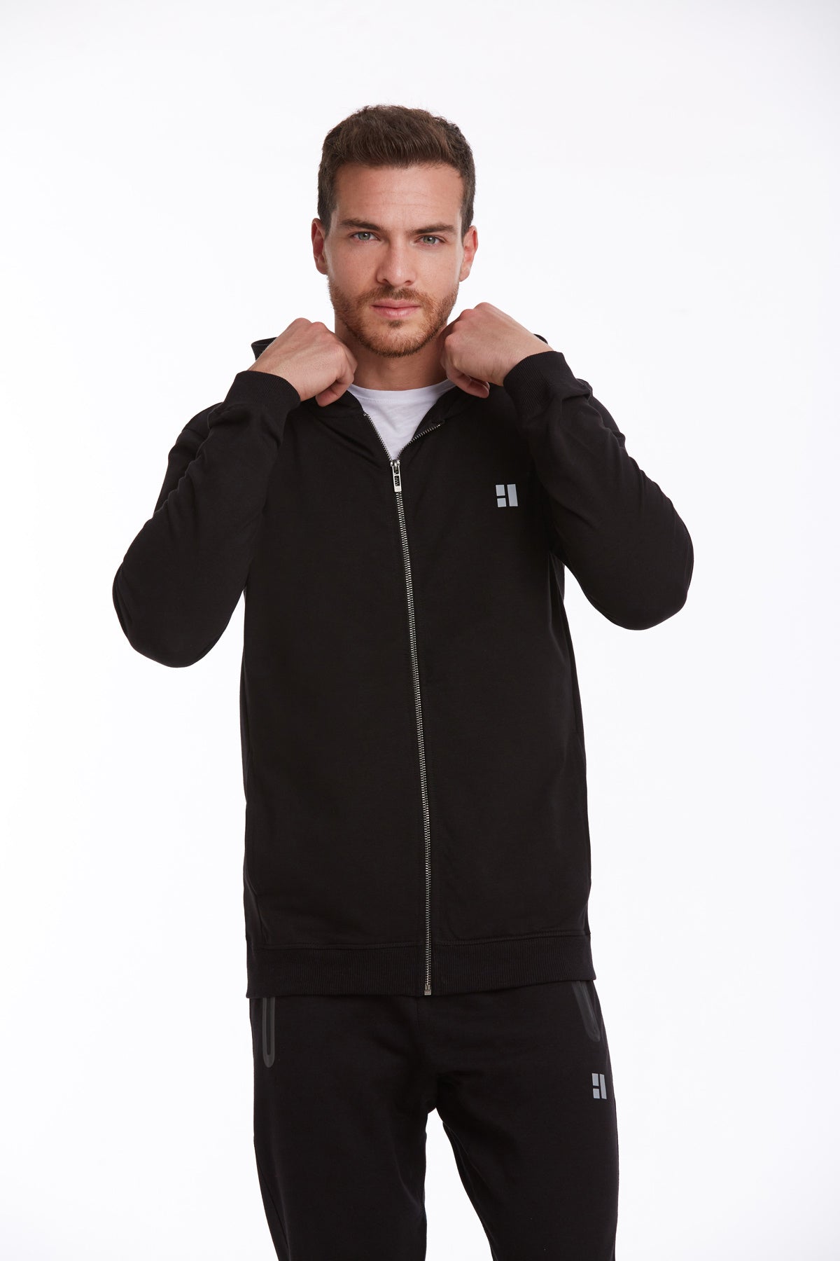 Regular Fit Full-Zip Cotton Blend Black Hooded Sweatshirt