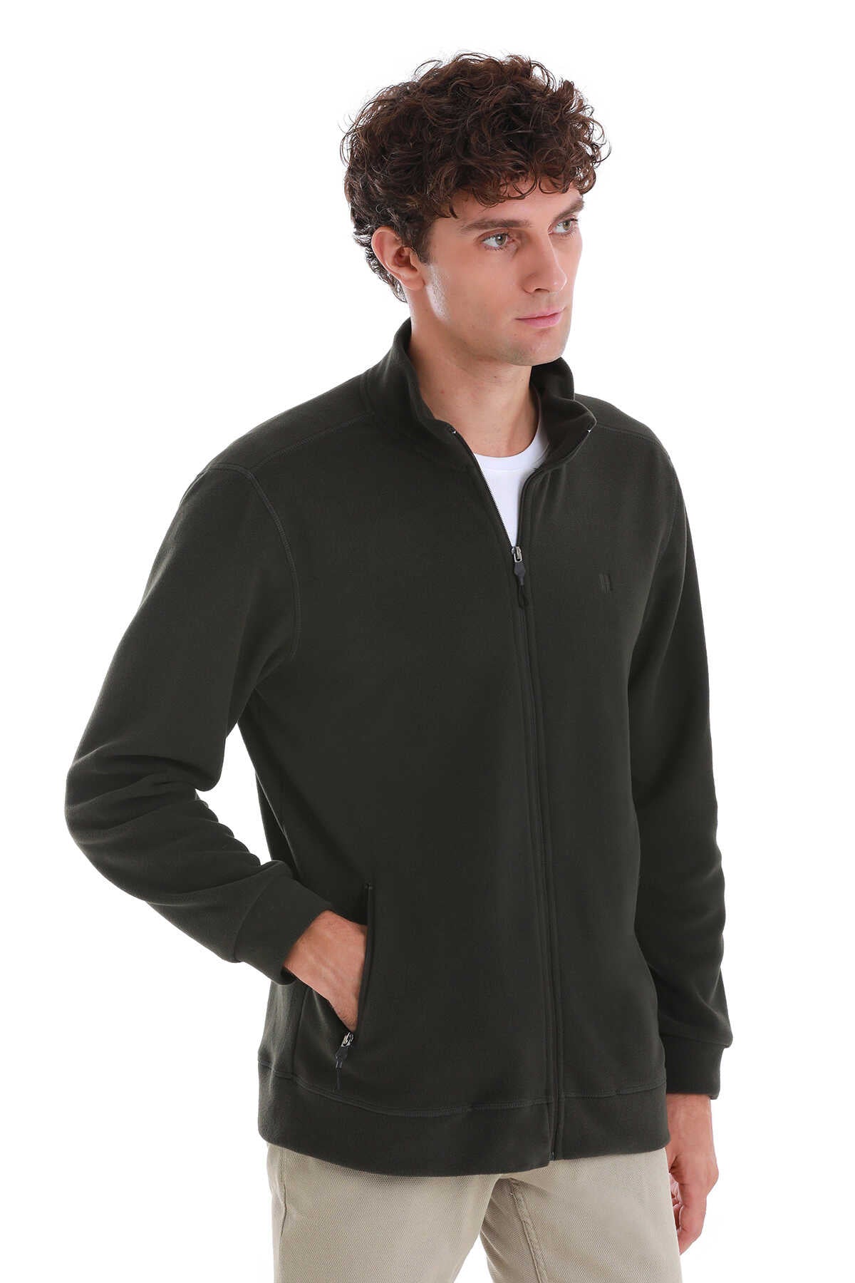 Regular Fit Full Zip Khaki Mockneck Fleece Sweatshirt - MIB