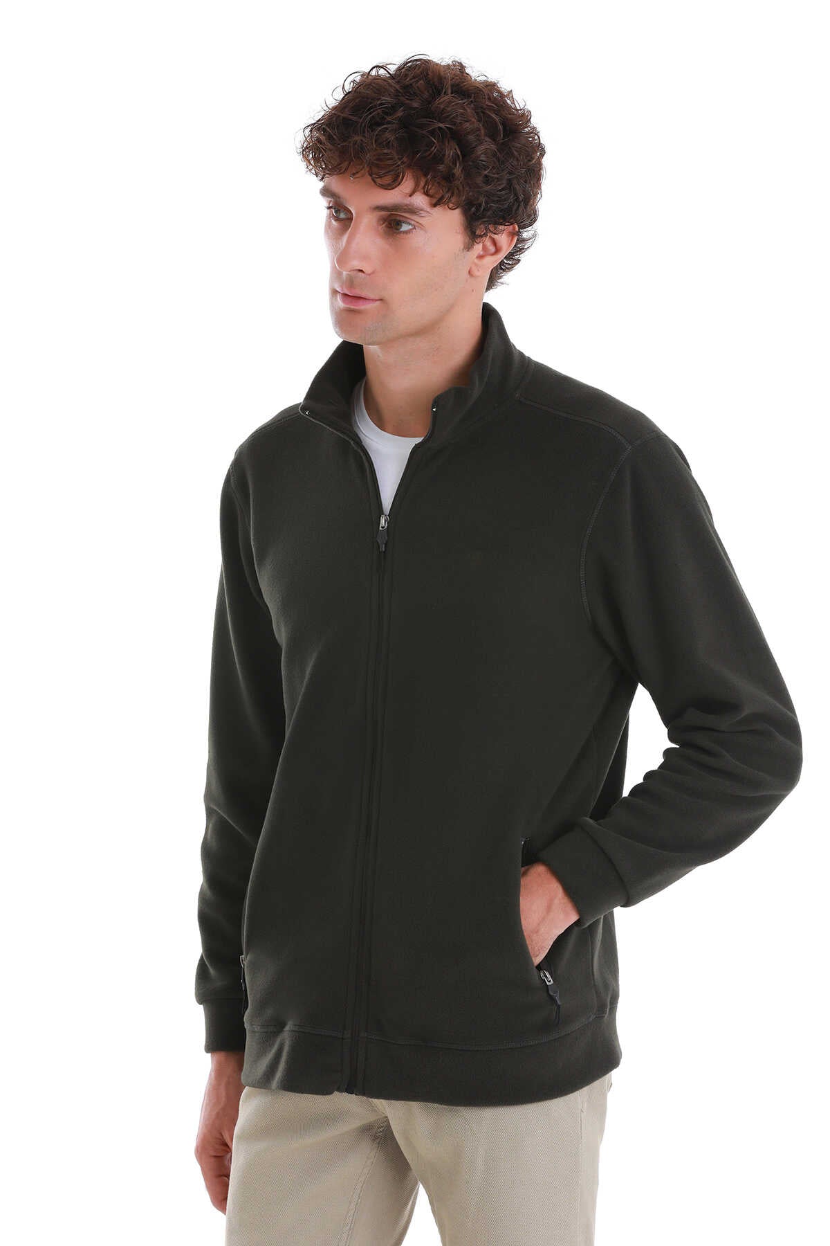 Regular Fit Full Zip Khaki Mockneck Fleece Sweatshirt - MIB