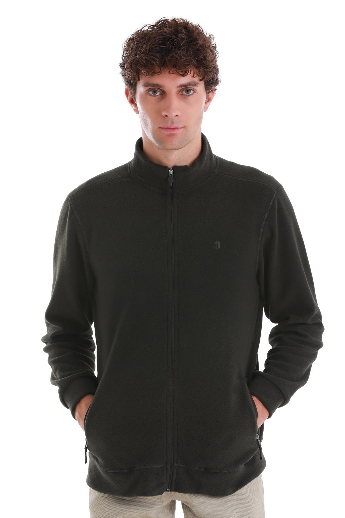 Regular Fit Full Zip Khaki Mockneck Fleece Sweatshirt - MIB