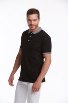 Regular Fit Gray Collar Cotton Black Polo T-Shirt - MIB