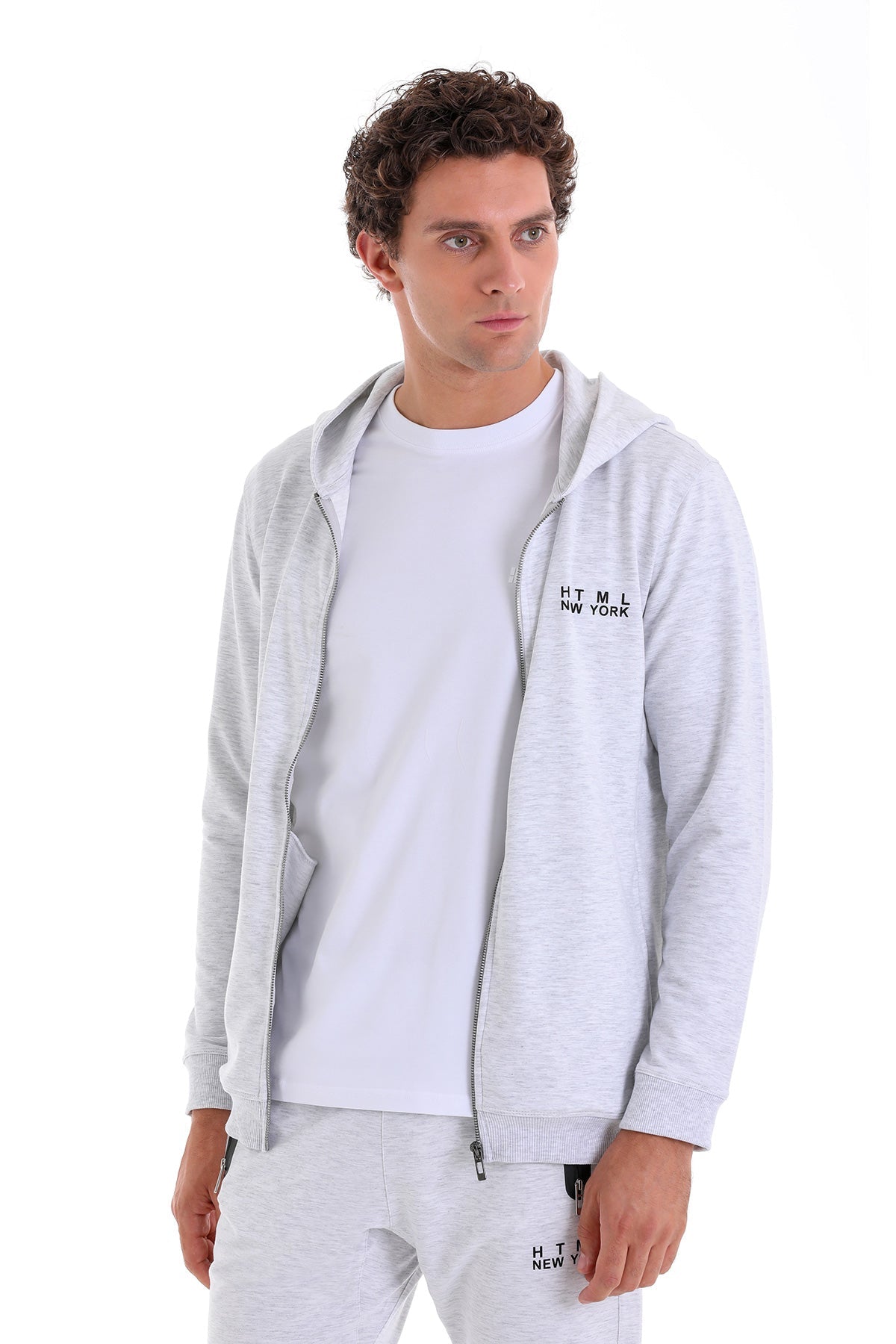 Regular Fit Gray Cotton Blend Full-Zip Hooded Sweatshirt