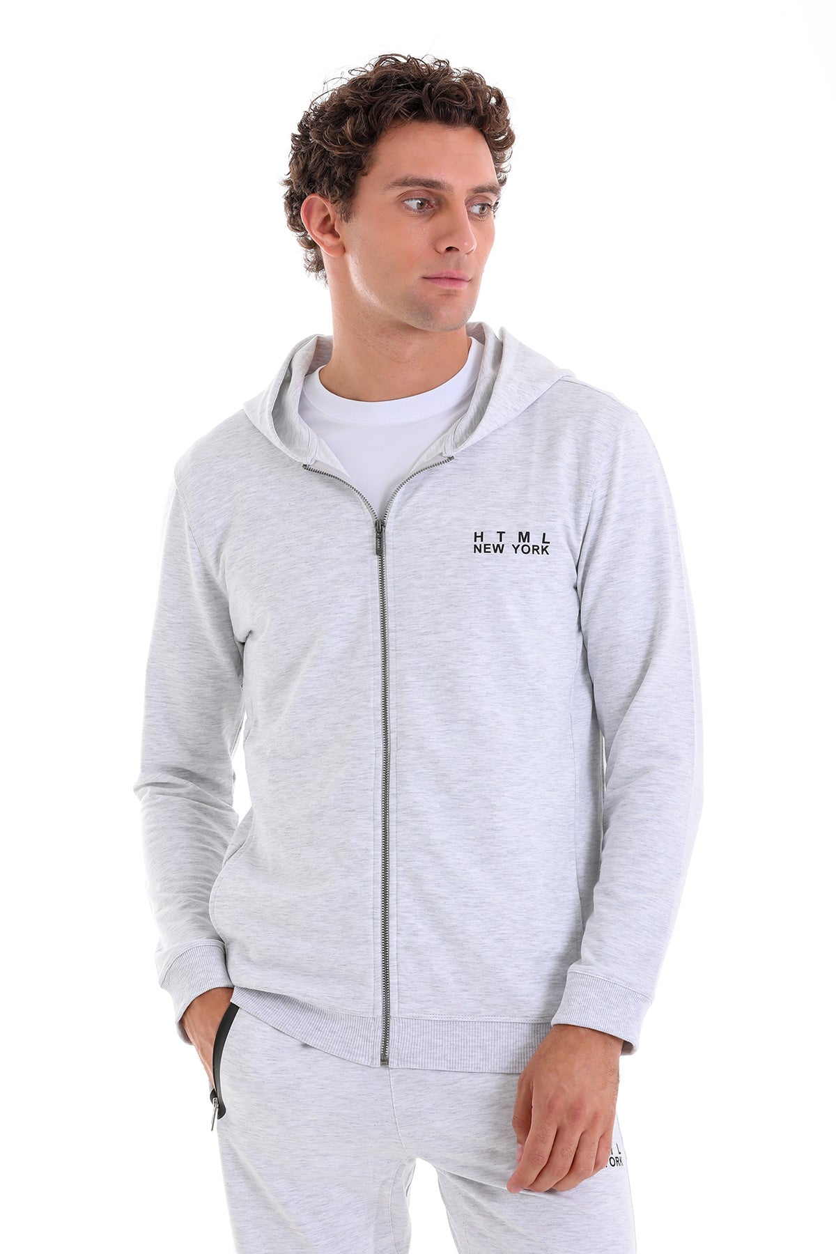 Regular Fit Gray Cotton Blend Full-Zip Hooded Sweatshirt