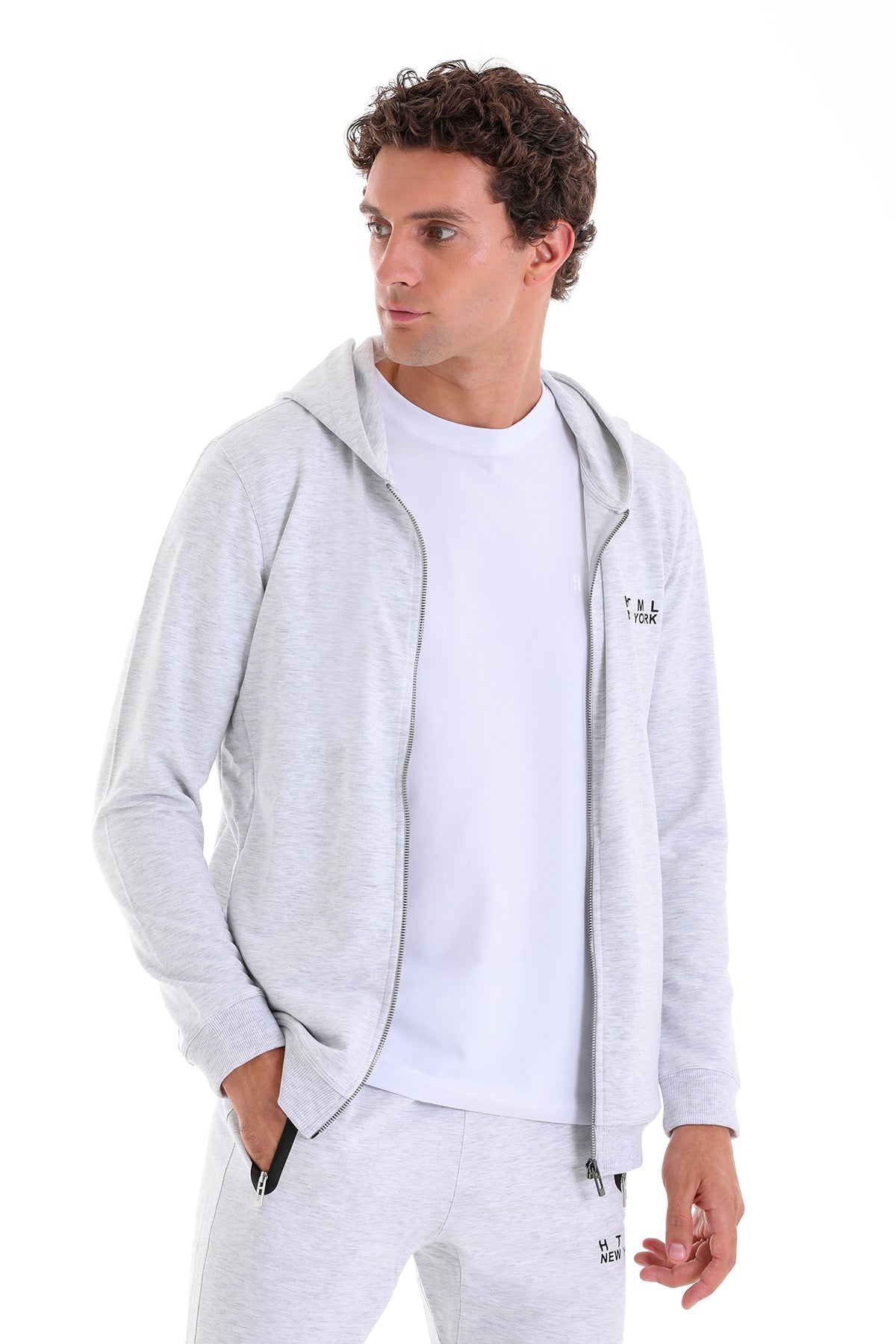 Regular Fit Gray Cotton Blend Full-Zip Hooded Sweatshirt