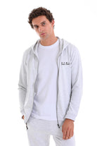 Regular Fit Gray Cotton Blend Full-Zip Hooded Sweatshirt