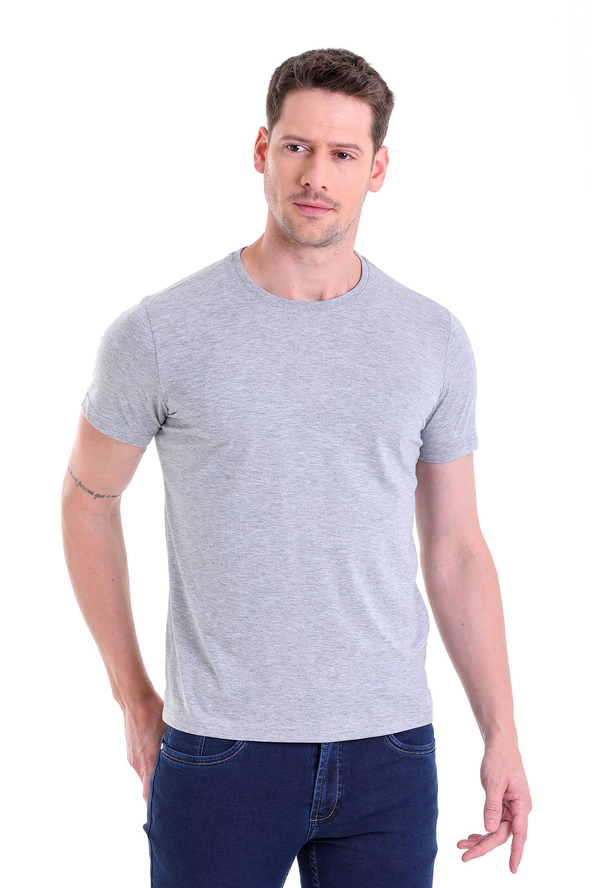 Regular Fit Gray Melange Basic Cotton Crew Neck T-Shirt