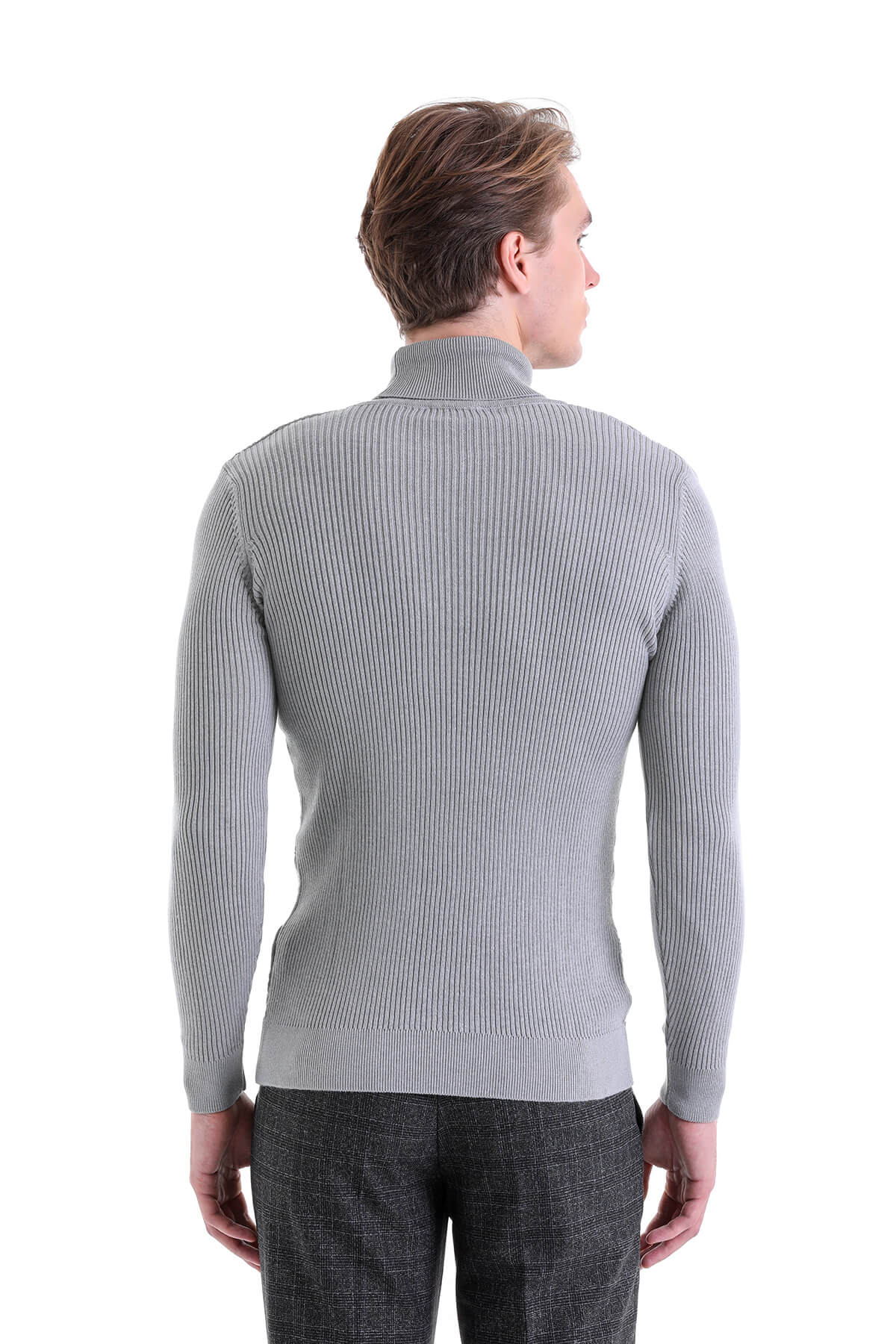 Regular Fit Gray Patterned Cotton Turtleneck Sweater - SAYKI