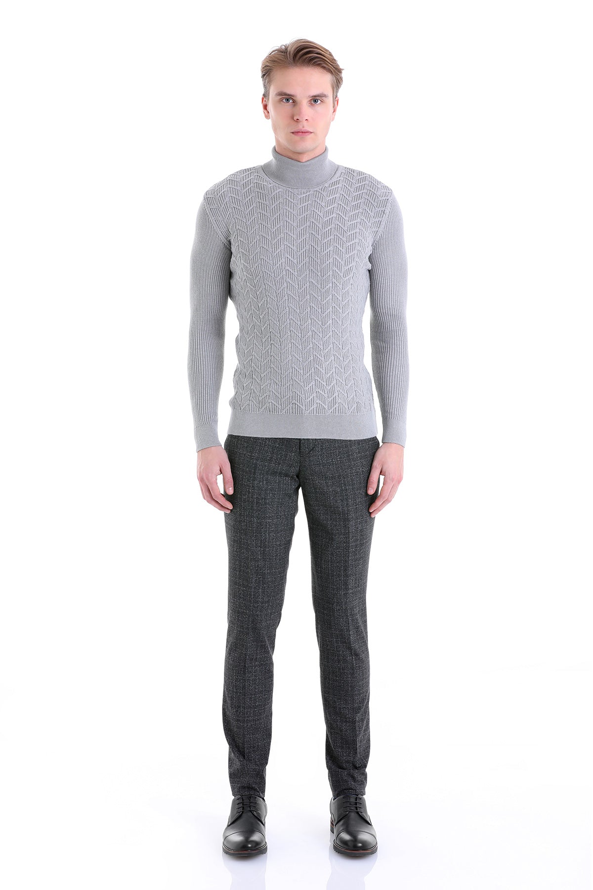 Regular Fit Gray Patterned Cotton Turtleneck Sweater - SAYKI