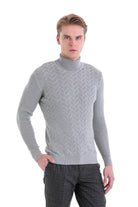 Regular Fit Gray Patterned Cotton Turtleneck Sweater - SAYKI