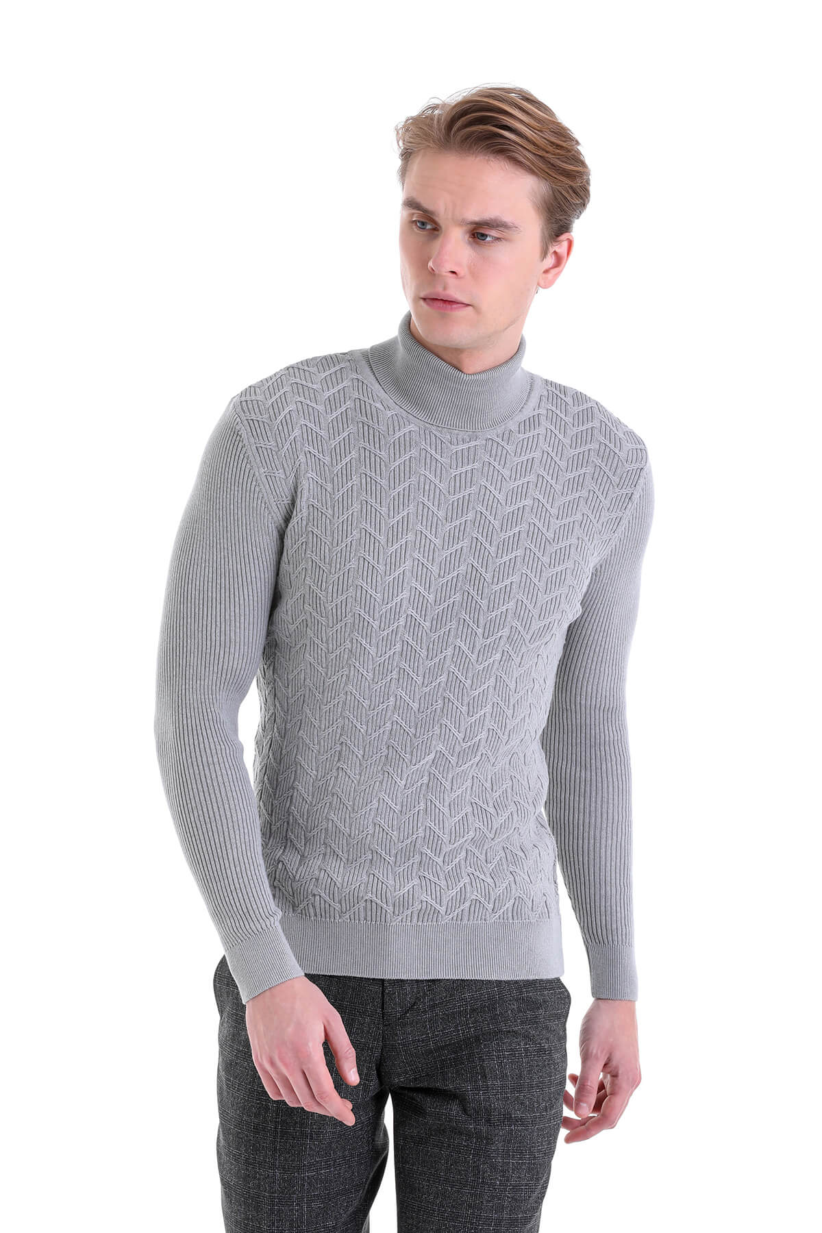 Regular Fit Gray Patterned Cotton Turtleneck Sweater - SAYKI