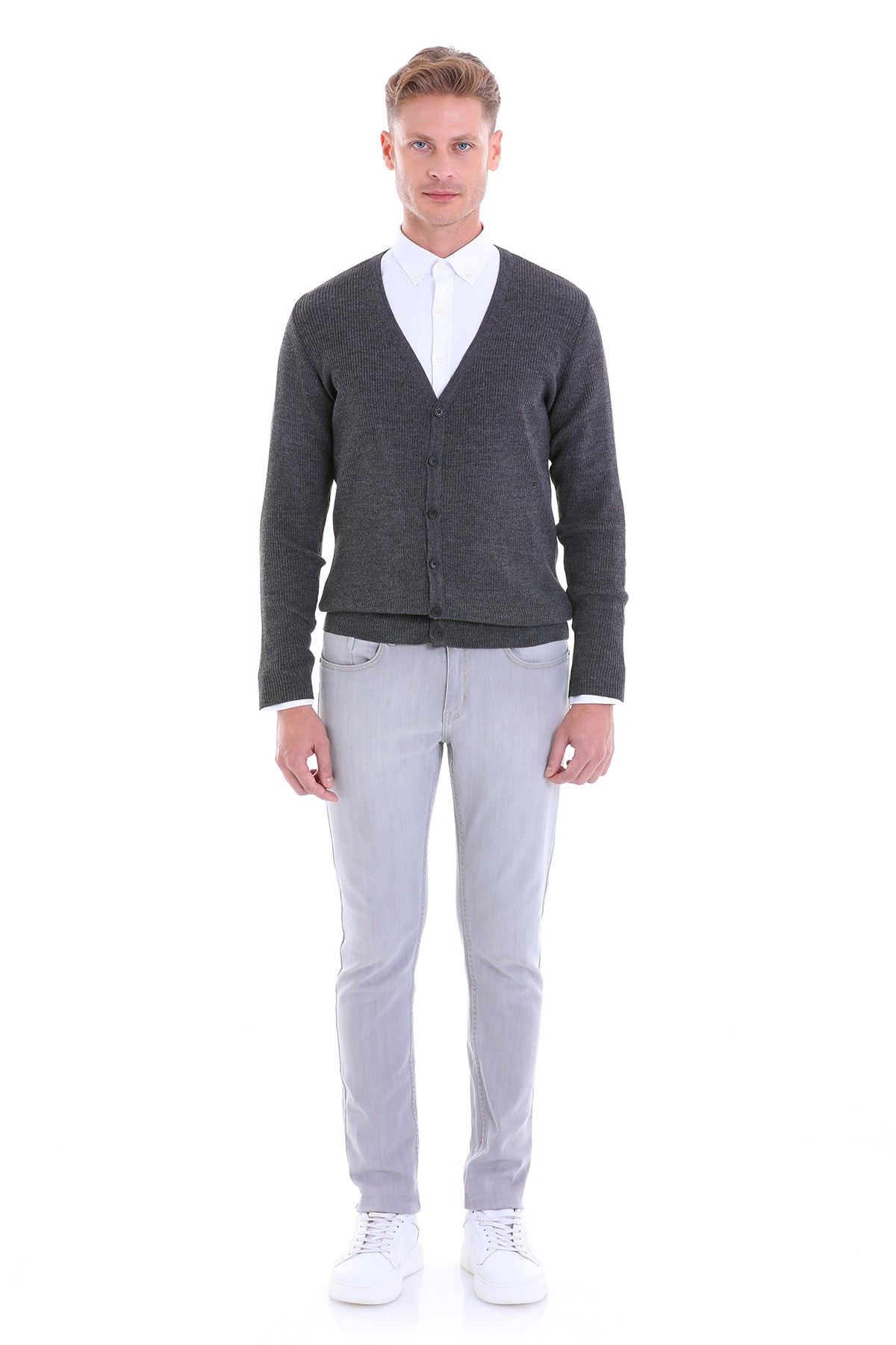 Regular Fit Gray Wool Blend Cardigan - SAYKI