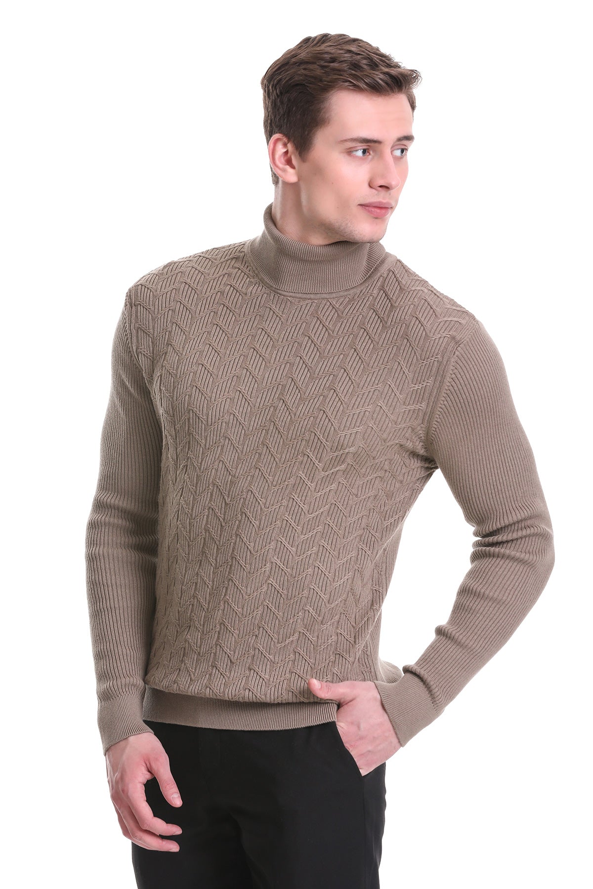 Regular Fit Grej Patterned Cotton Blend Turtleneck Sweater