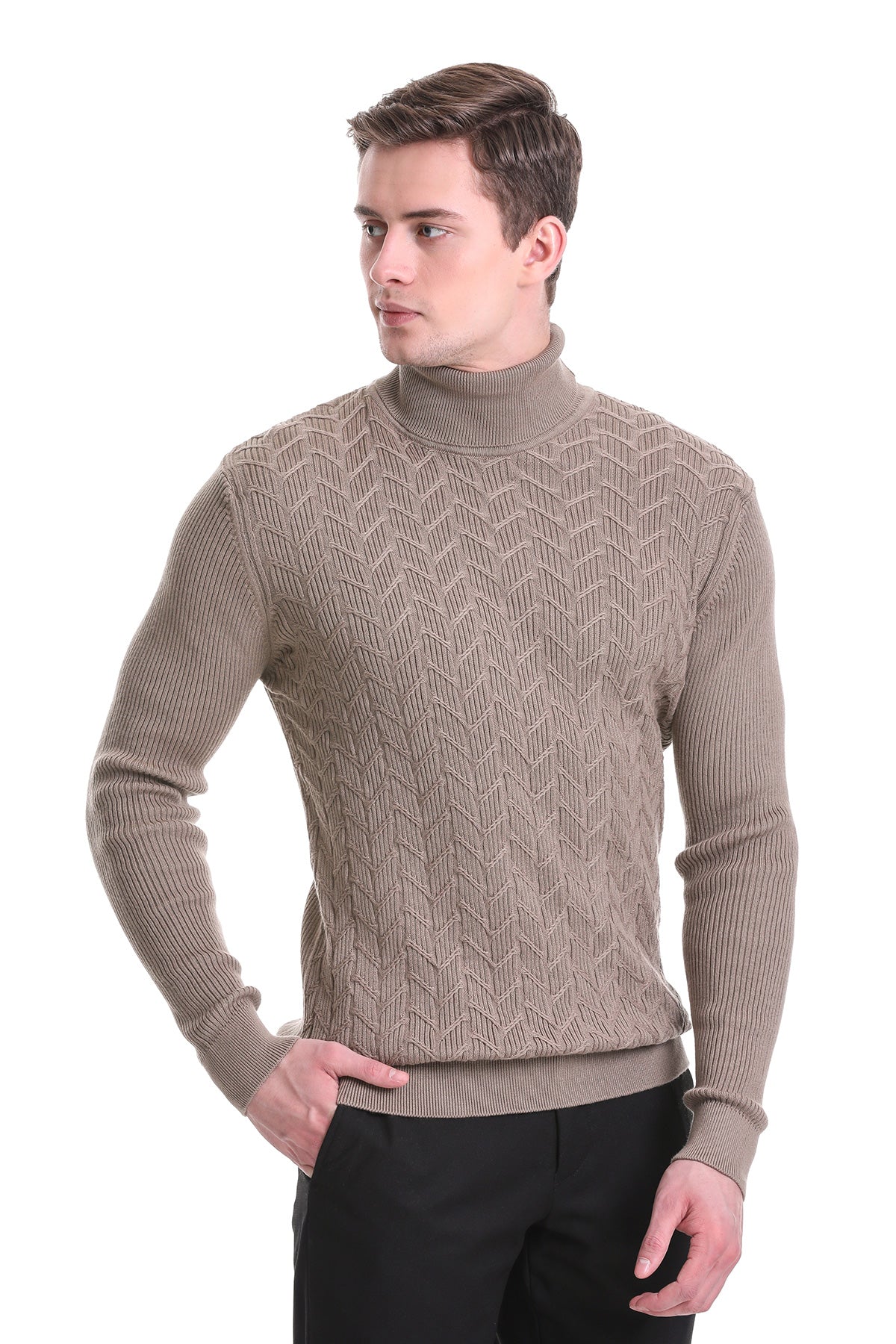 Regular Fit Grej Patterned Cotton Blend Turtleneck Sweater