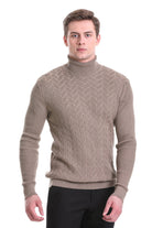 Regular Fit Grej Patterned Cotton Blend Turtleneck Sweater