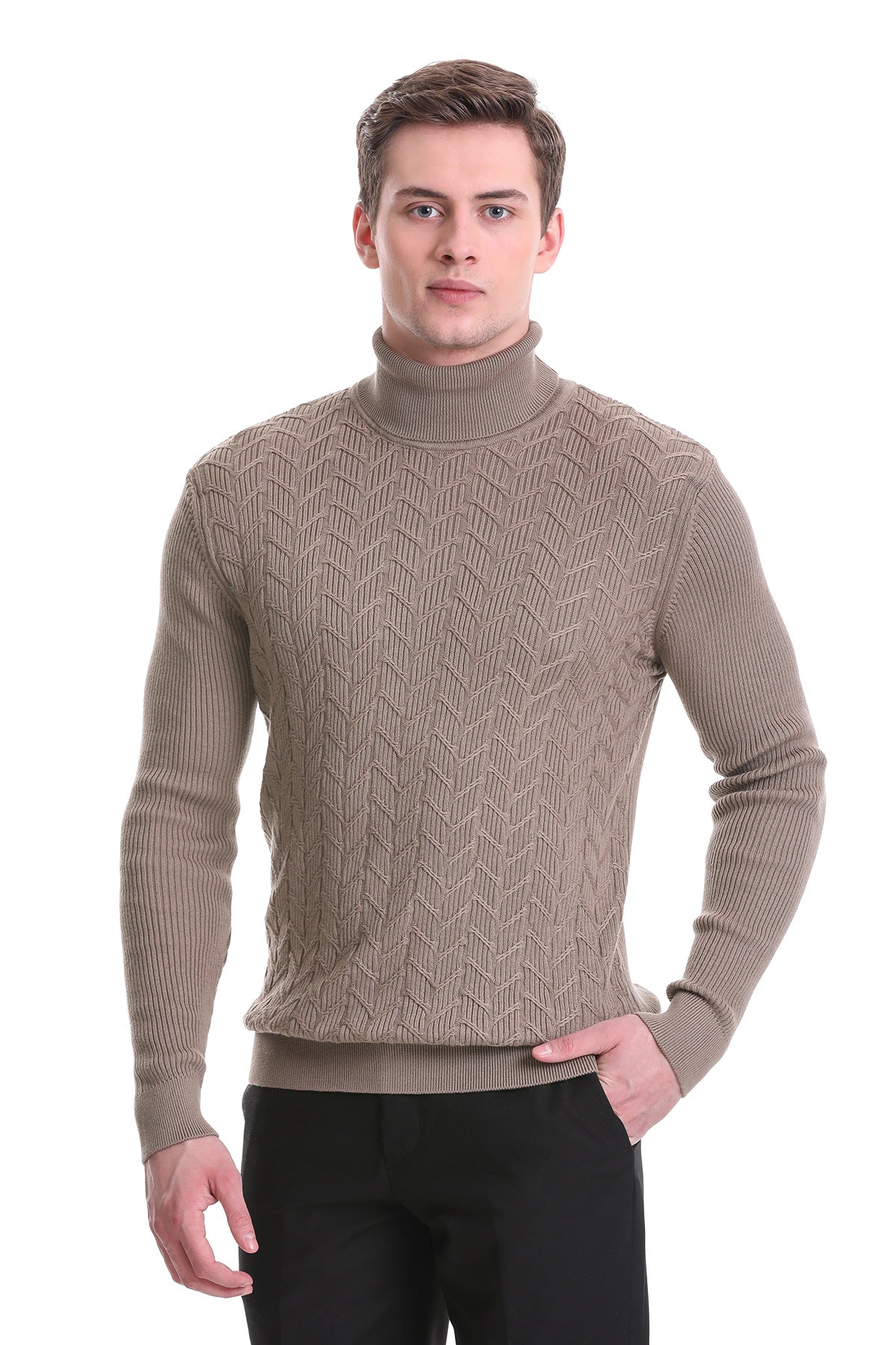 Regular Fit Grej Patterned Cotton Blend Turtleneck Sweater