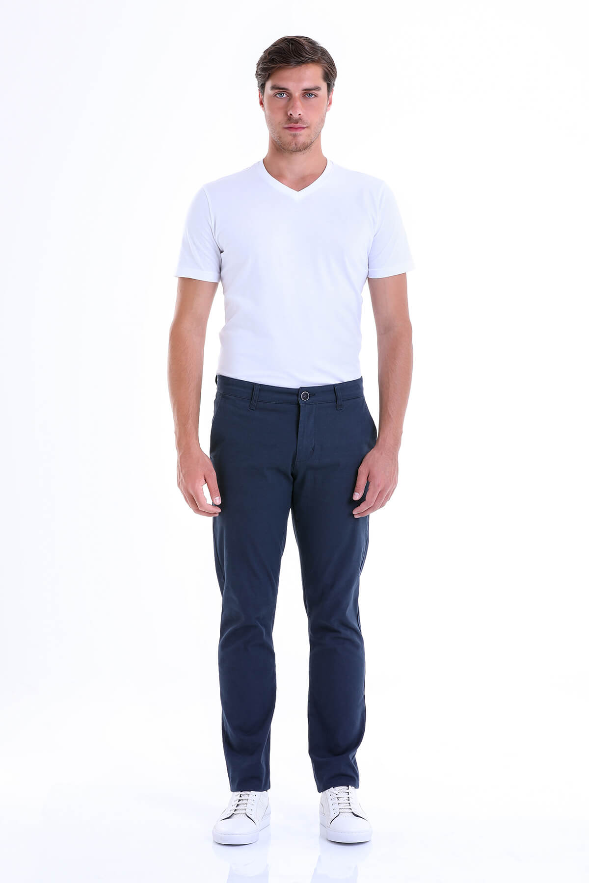 Regular Fit High Waist Navy Cotton Casual Pants - MIB