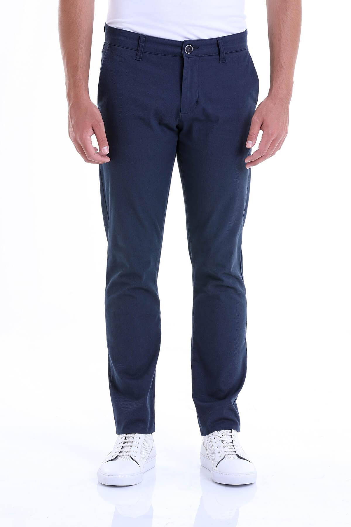 Regular Fit High Waist Navy Cotton Casual Pants - MIB