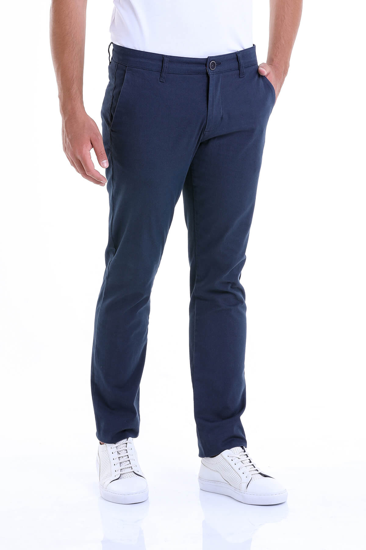 Regular Fit High Waist Navy Cotton Casual Pants - MIB