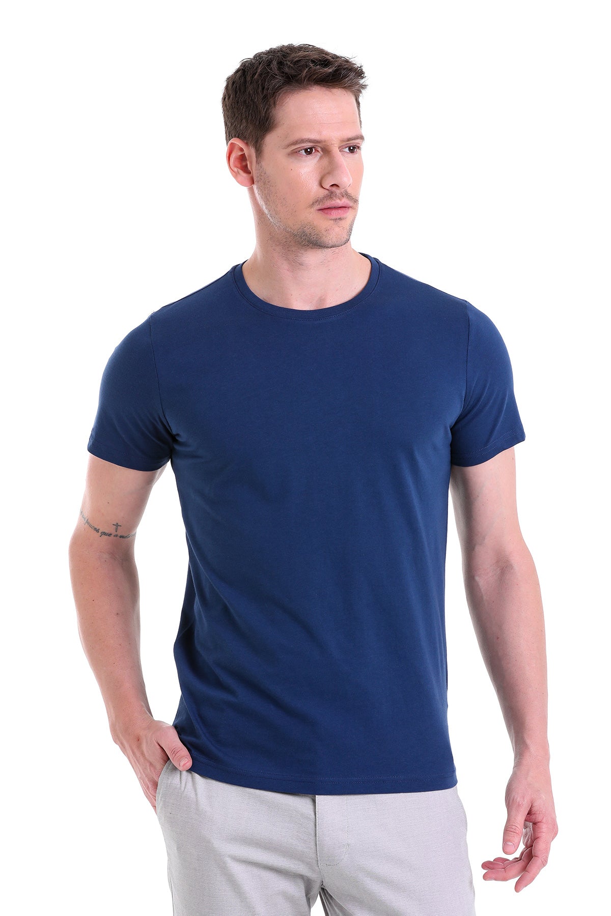 Regular Fit Indigo Basic Cotton Crew Neck T-Shirt - MIB