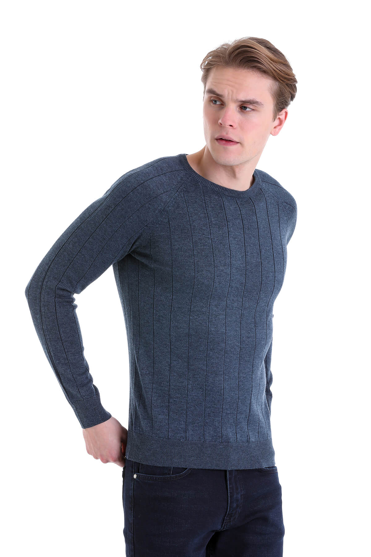 Regular Fit Indigo Cotton Blend Crewneck Sweater - SAYKI