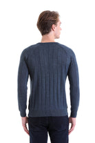 Regular Fit Indigo Cotton Blend Crewneck Sweater - SAYKI