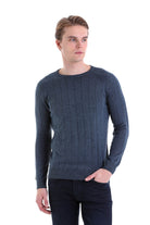 Regular Fit Indigo Cotton Blend Crewneck Sweater - SAYKI