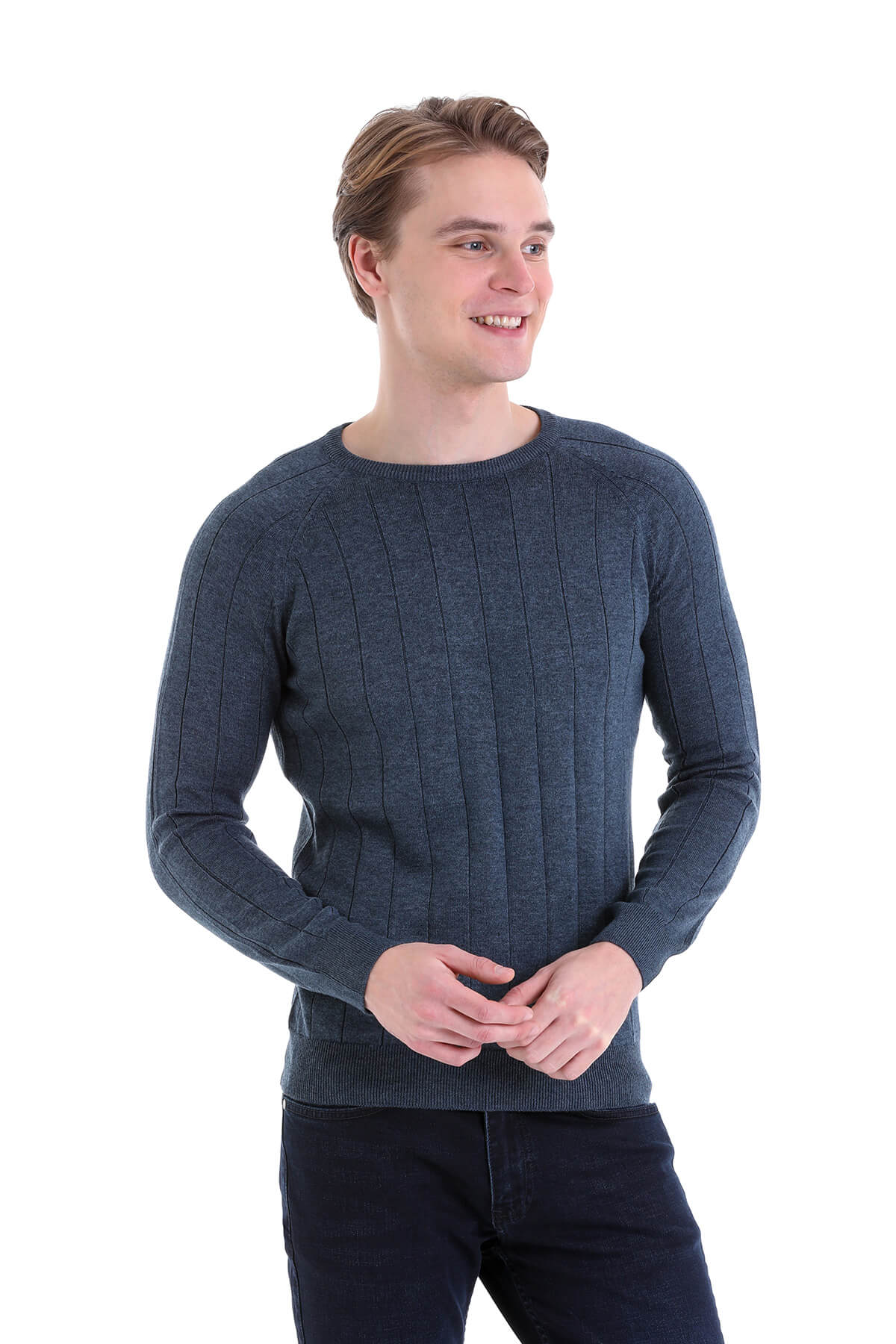 Regular Fit Indigo Cotton Blend Crewneck Sweater - SAYKI