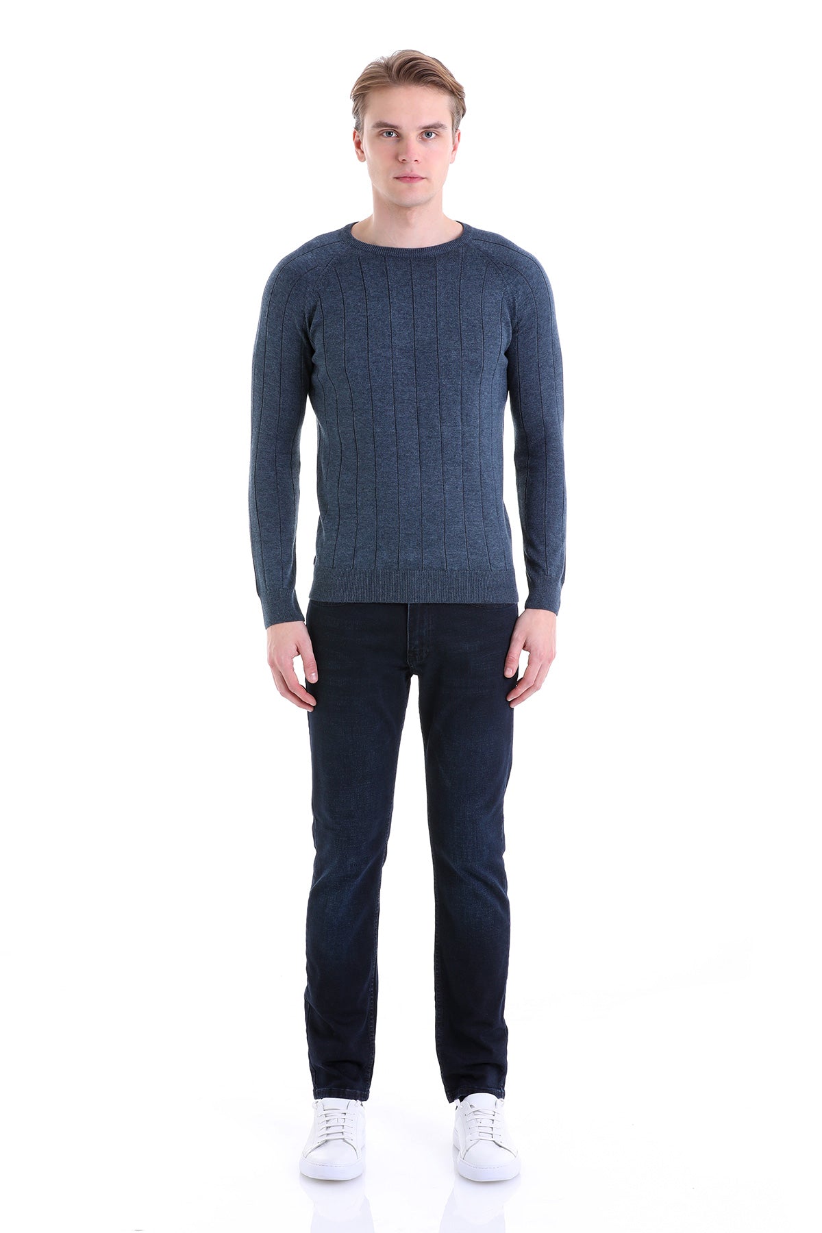 Regular Fit Indigo Cotton Blend Crewneck Sweater - SAYKI