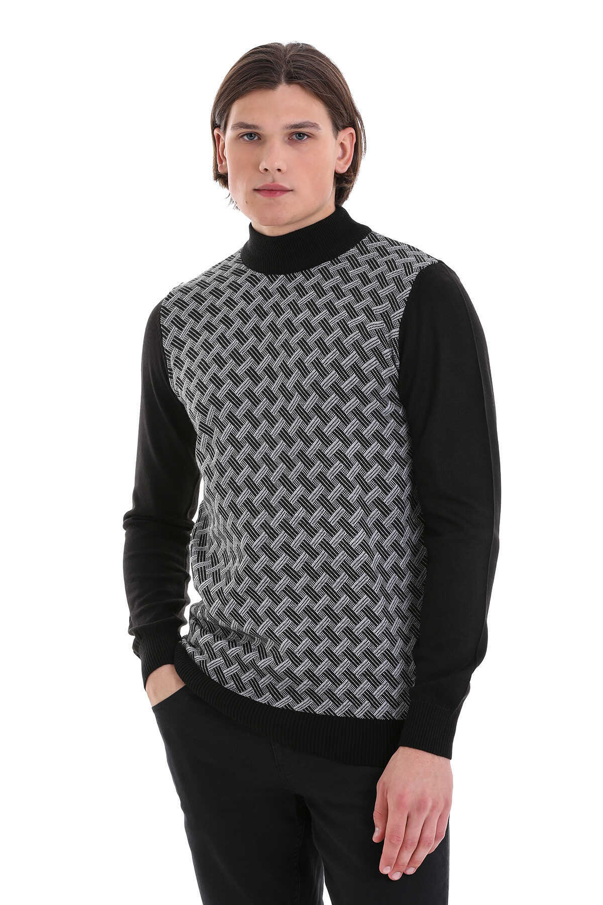 Regular Fit Jacquard Black Mockneck Sweater - MIB