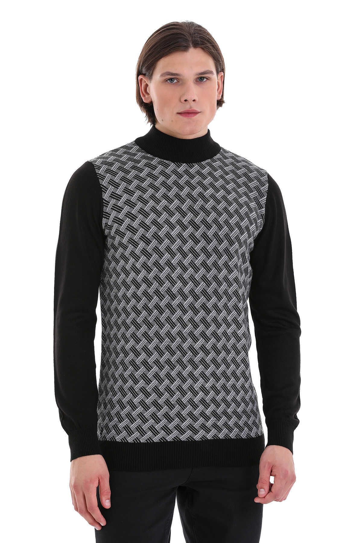 Regular Fit Jacquard Black Mockneck Sweater - MIB