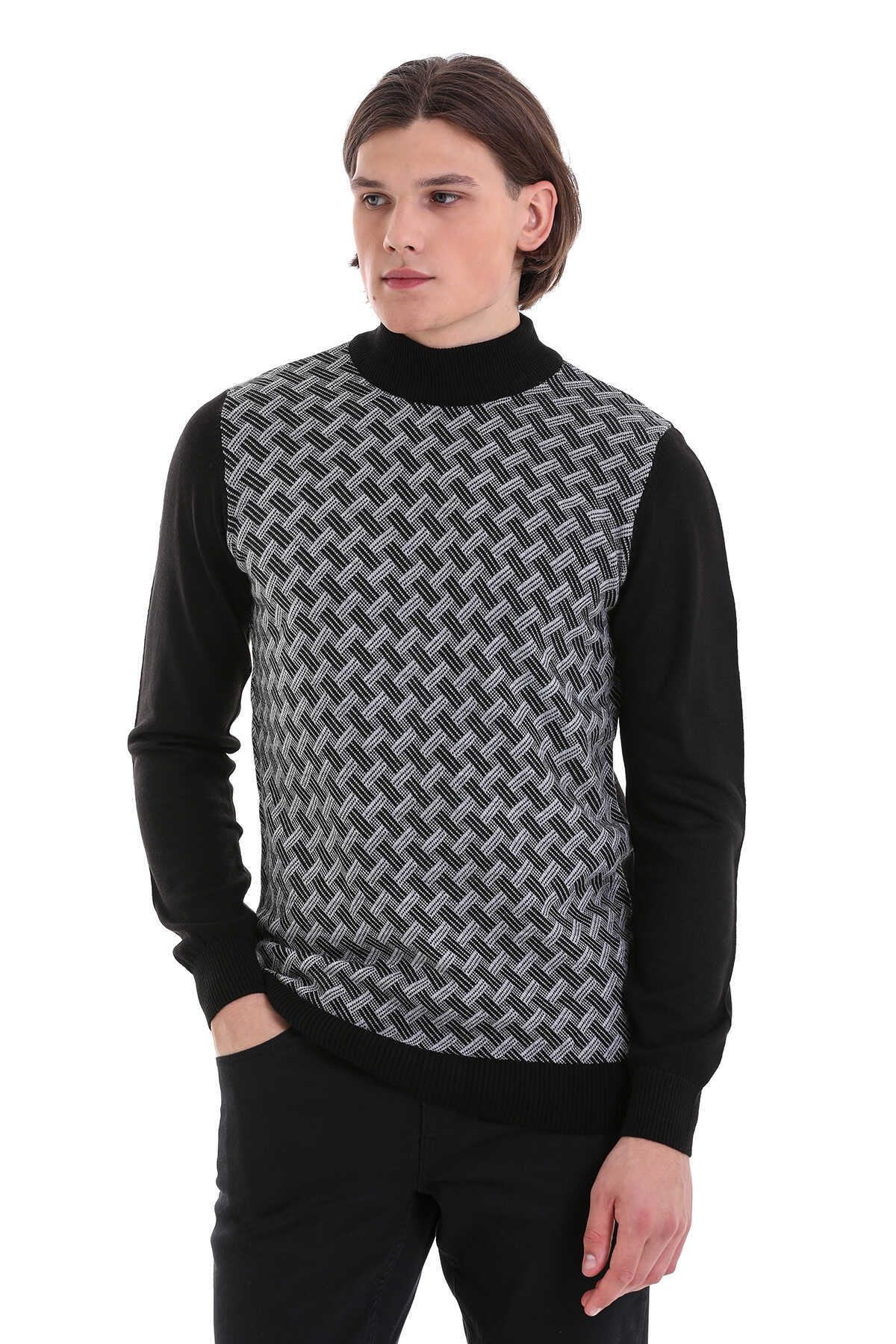 Regular Fit Jacquard Black Mockneck Sweater - MIB