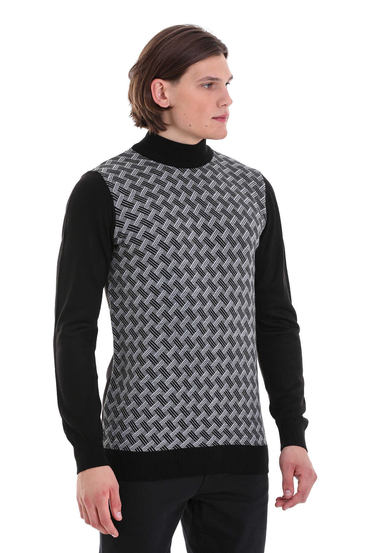 Regular Fit Jacquard Black Mockneck Sweater - MIB