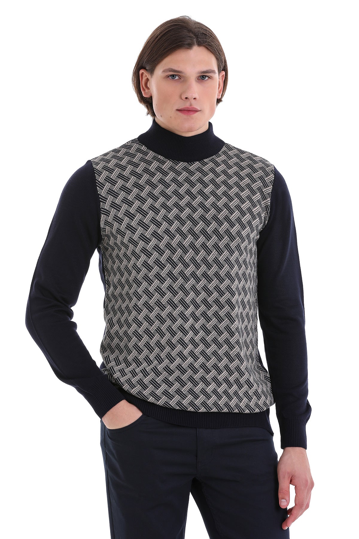 Regular Fit Jacquard Navy Mockneck Sweater - MIB