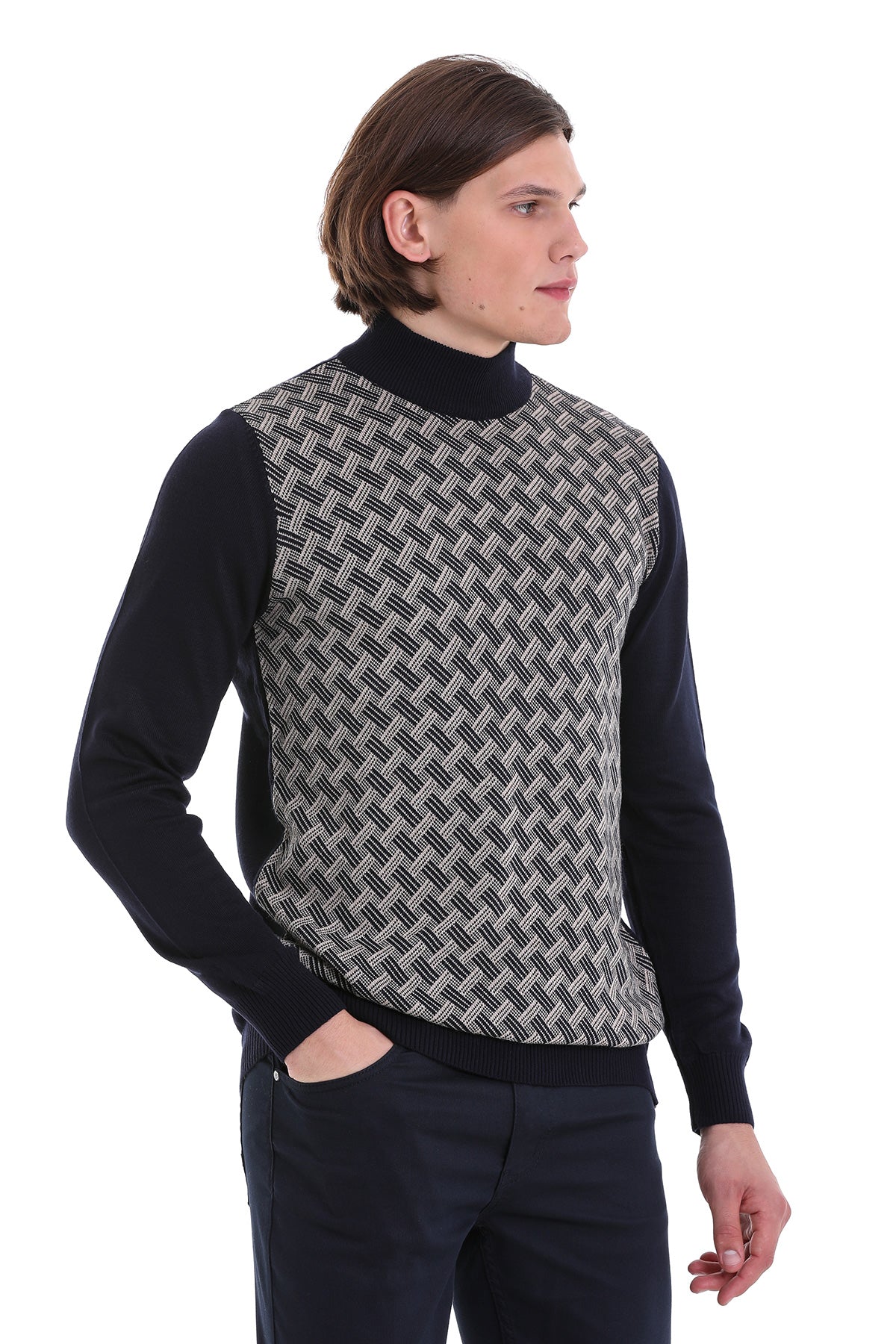 Regular Fit Jacquard Navy Mockneck Sweater - MIB