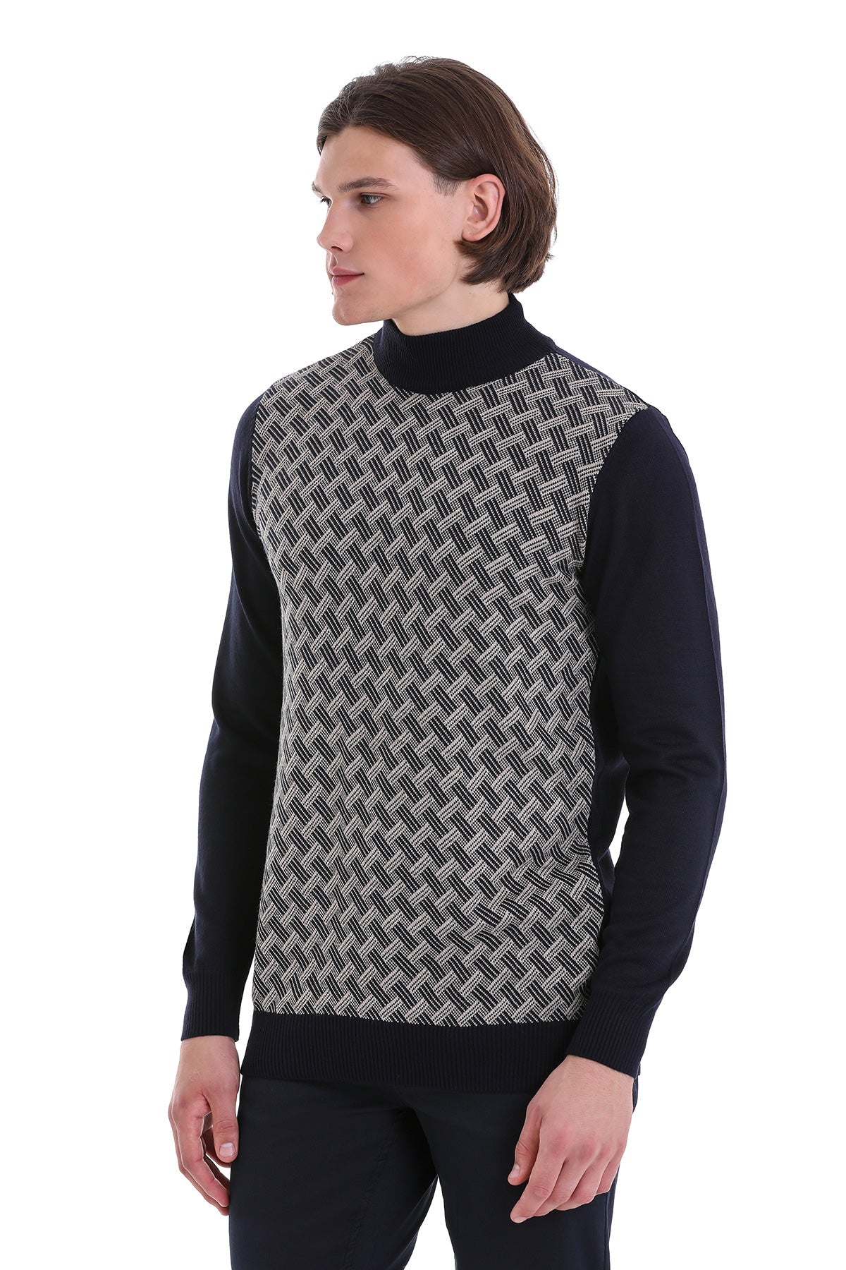 Regular Fit Jacquard Navy Mockneck Sweater - MIB