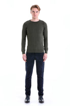 Regular Fit Khaki Cotton Blend Crewneck Sweater - SAYKI