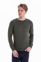 Regular Fit Khaki Cotton Blend Crewneck Sweater - SAYKI