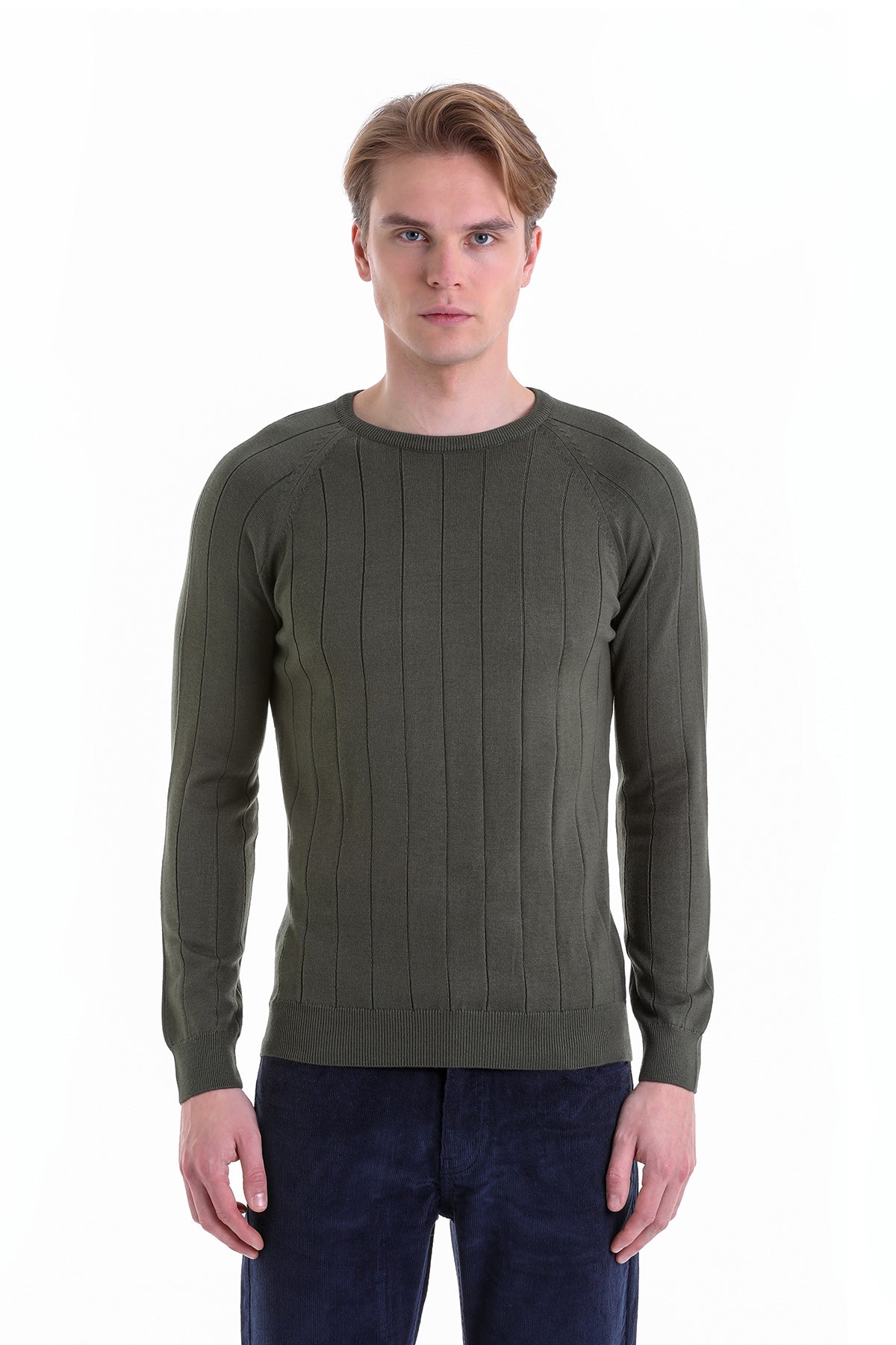 Regular Fit Khaki Cotton Blend Crewneck Sweater - SAYKI