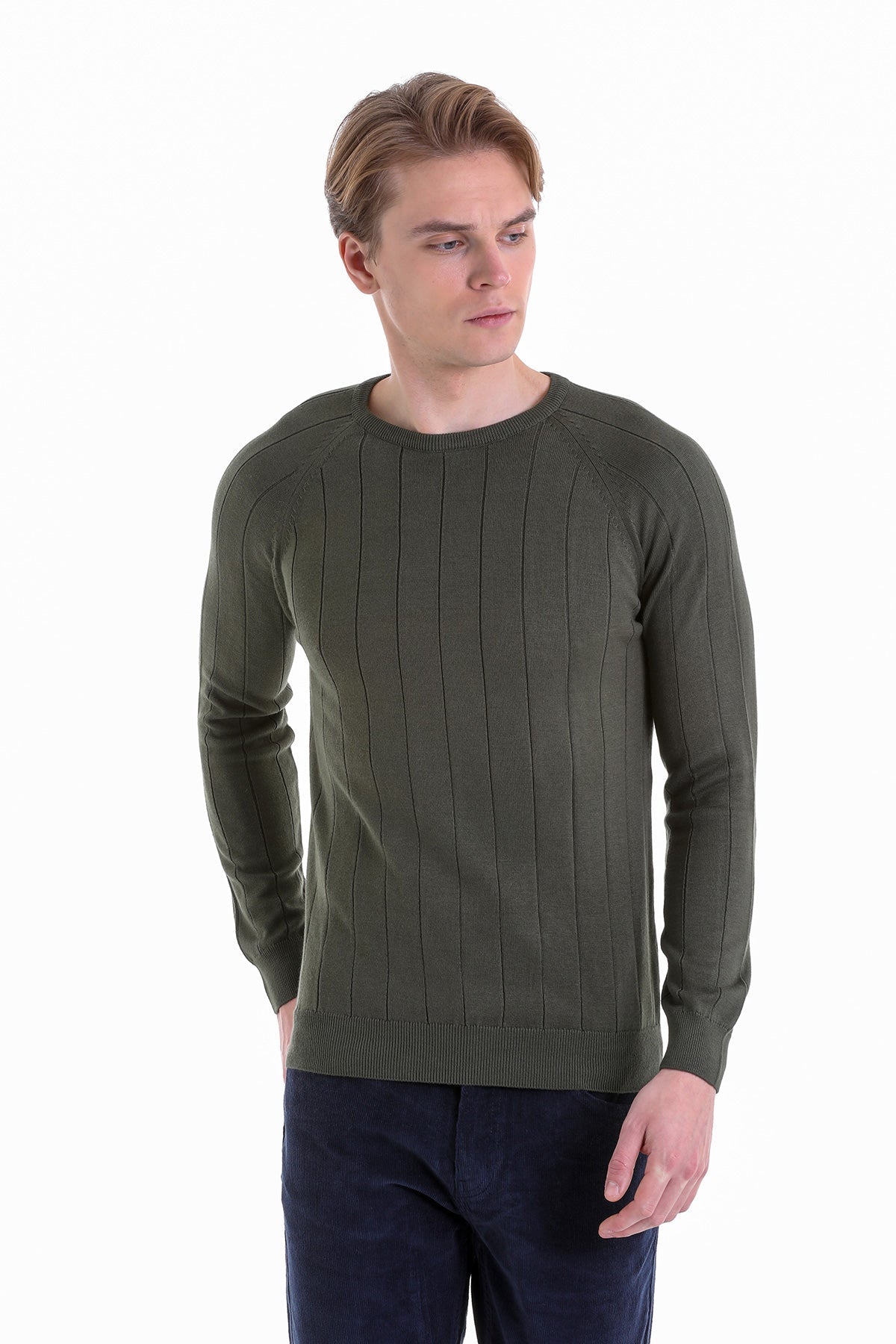 Regular Fit Khaki Cotton Blend Crewneck Sweater - SAYKI