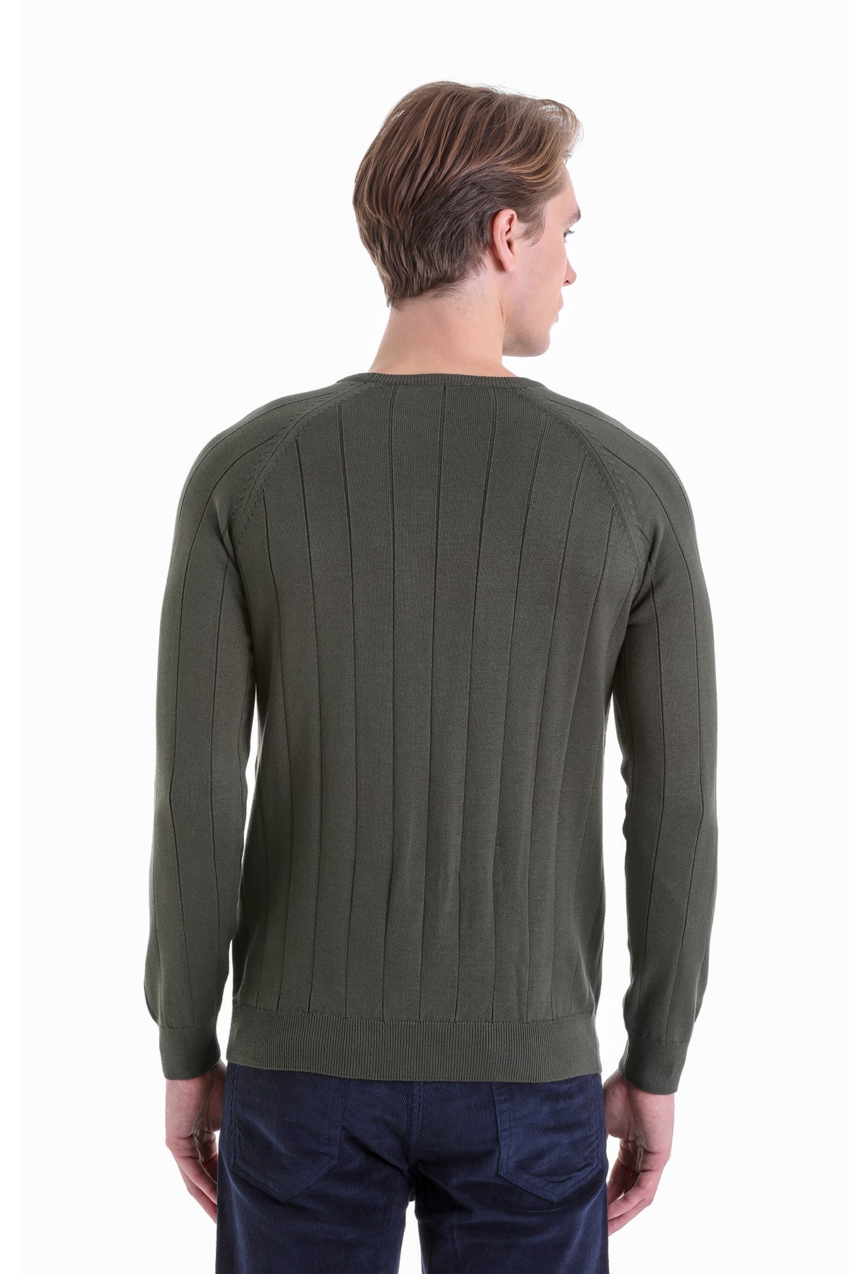 Regular Fit Khaki Cotton Blend Crewneck Sweater - SAYKI