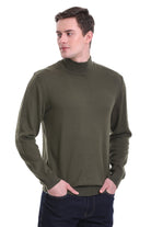 Regular Fit Khaki Cotton Blend Mock Neck Sweater - SAYKI