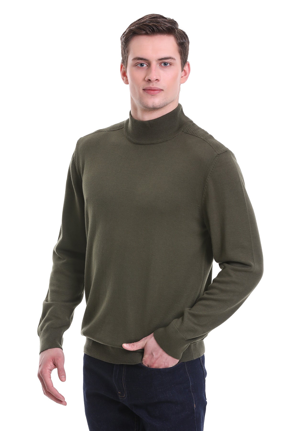 Regular Fit Khaki Cotton Blend Mock Neck Sweater - SAYKI