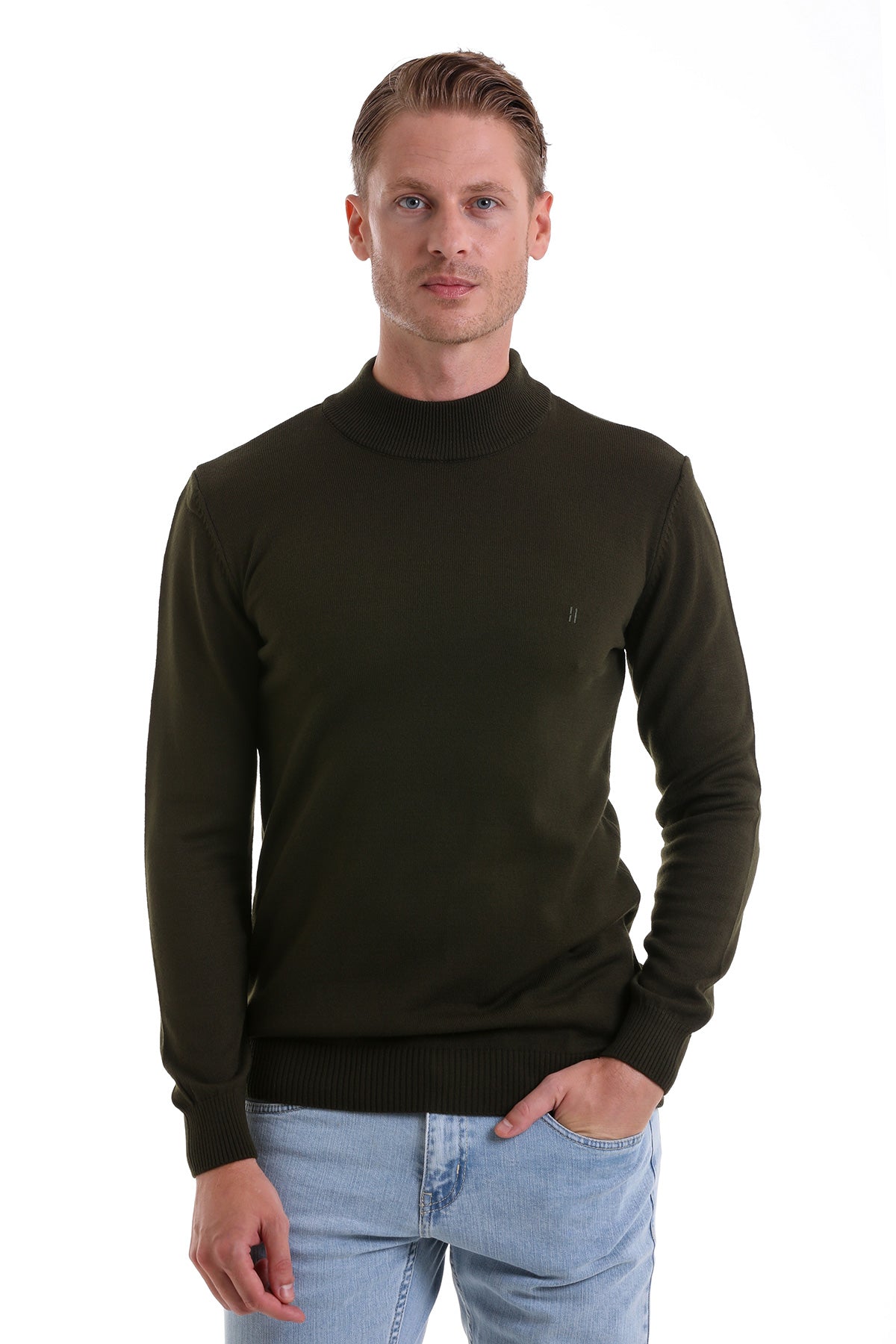 Regular Fit Khaki Mock Neck Sweater - MIB