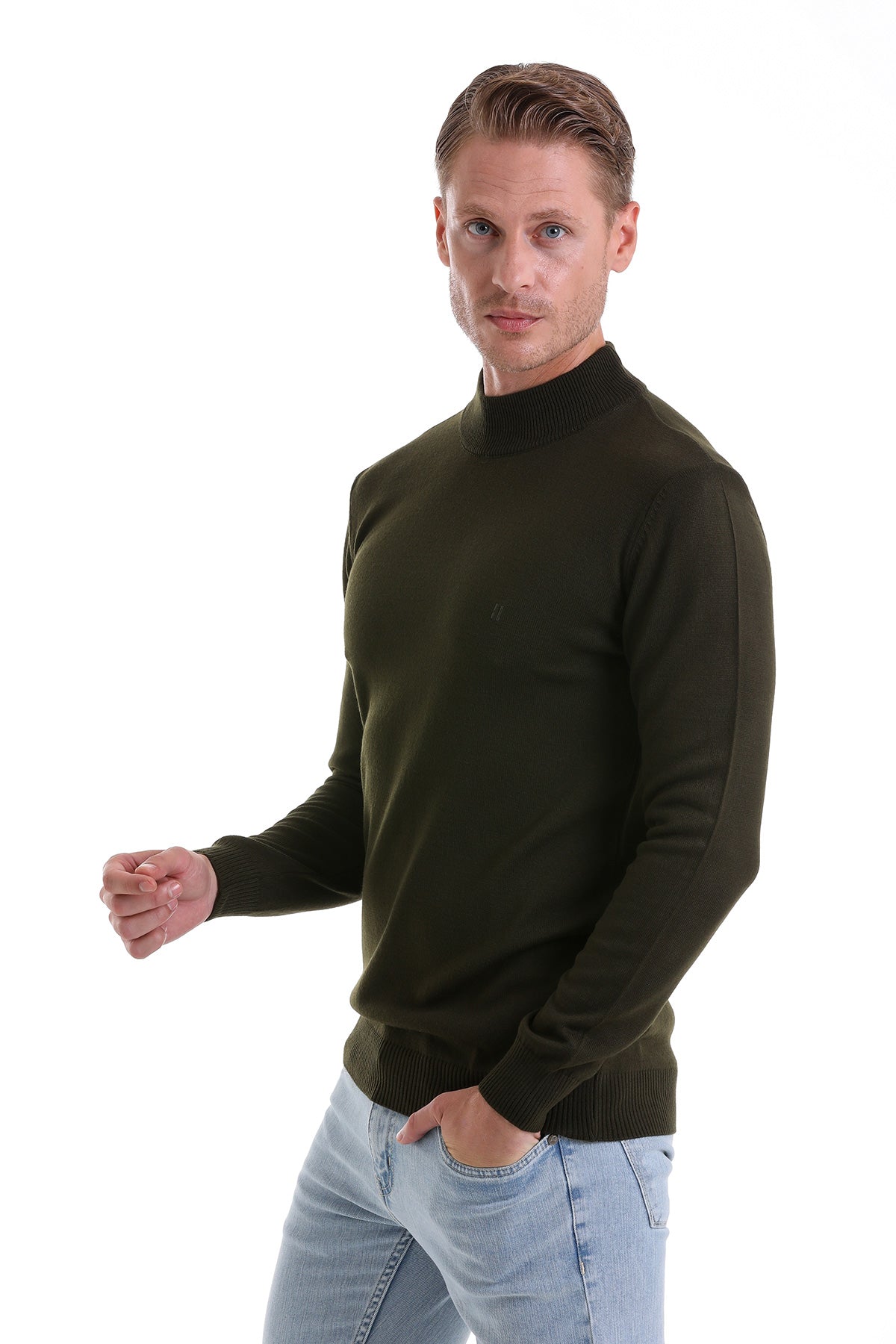 Regular Fit Khaki Mock Neck Sweater - MIB