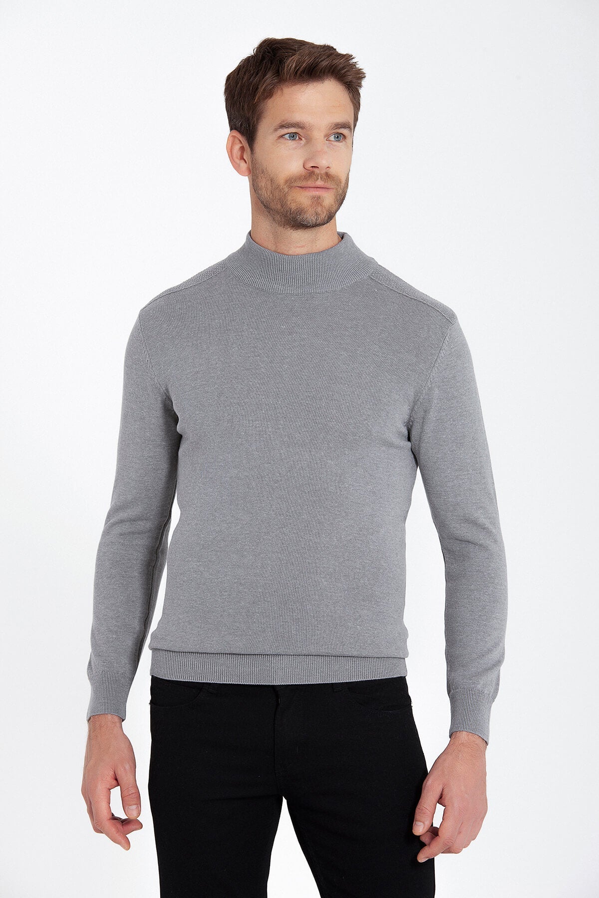 Regular Fit Light Gray Cotton Blend Mock Neck Sweater