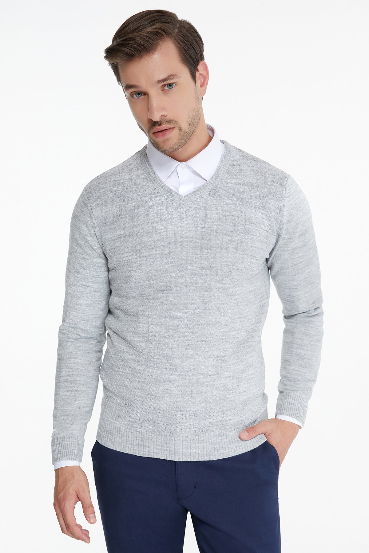 Regular Fit Light Gray V-Neck Sweater - MIB