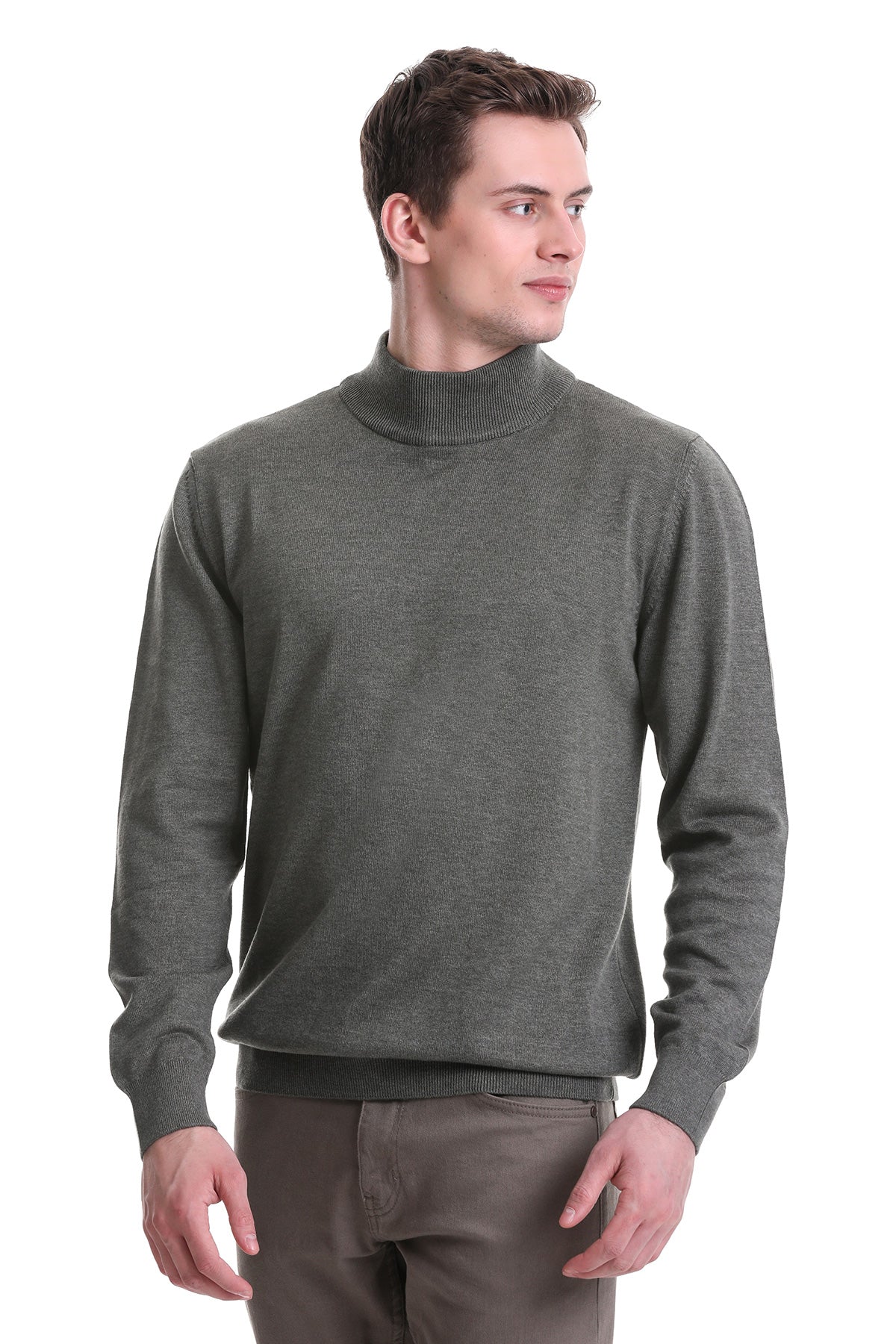 Regular Fit Light Khaki Cotton Blend Mock Neck Sweater