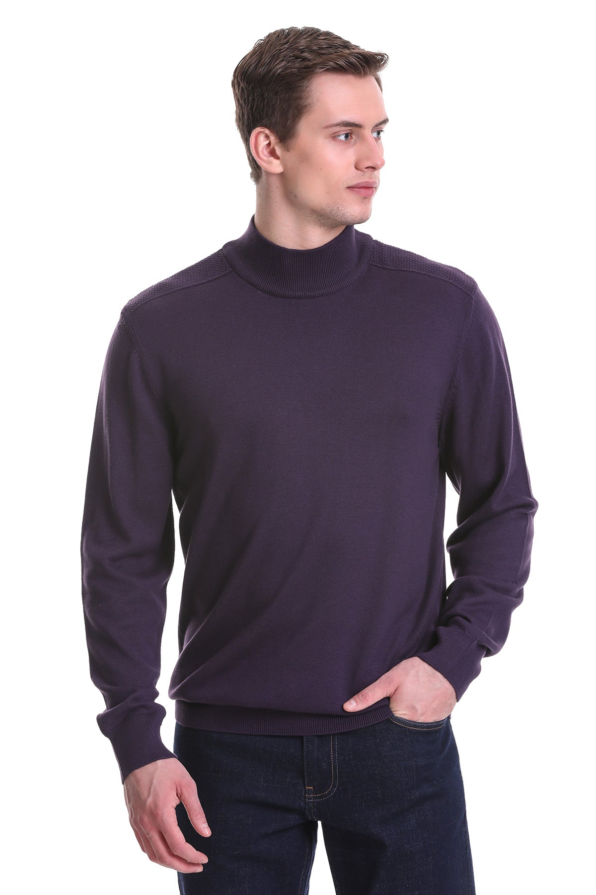 Regular Fit Light Purple Cotton Blend Mock Neck Sweater