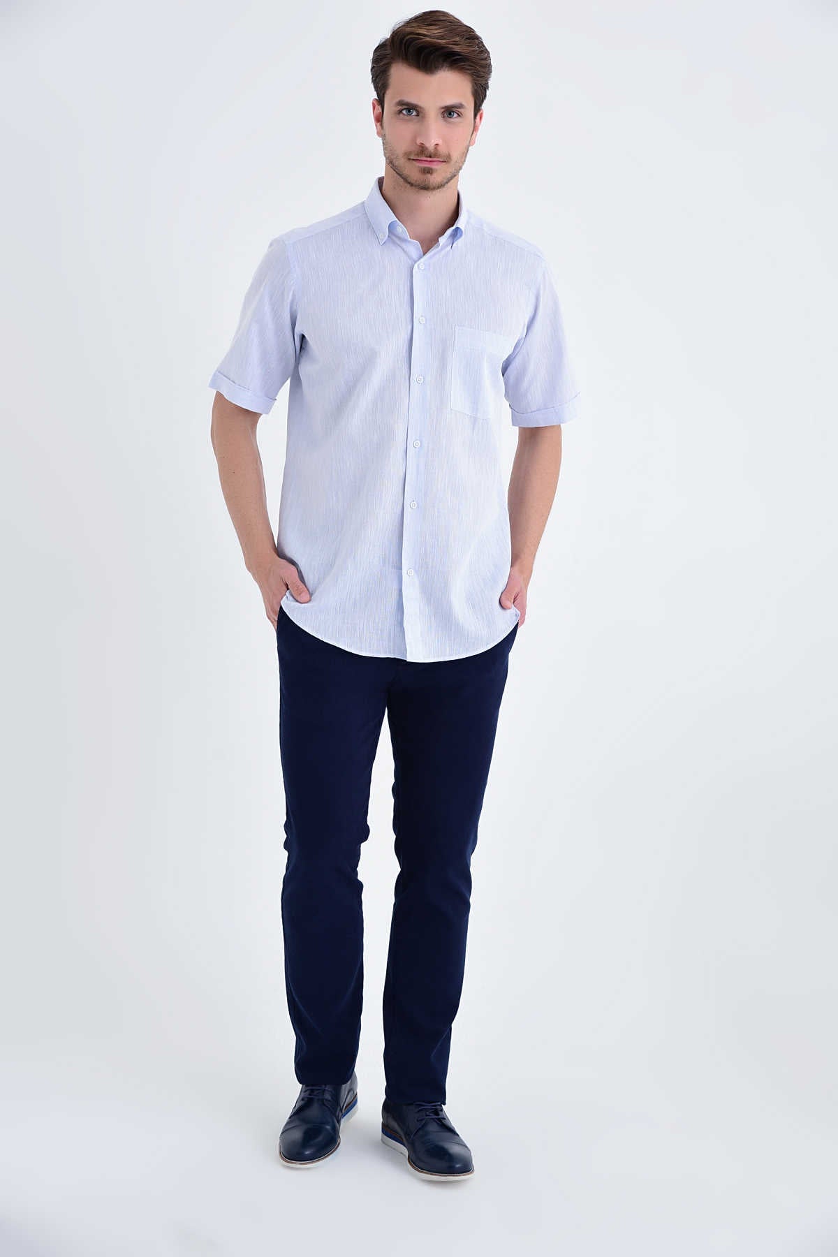 Regular Fit Linen & Cotton Blend Ice Blue Casual Shirt - MIB