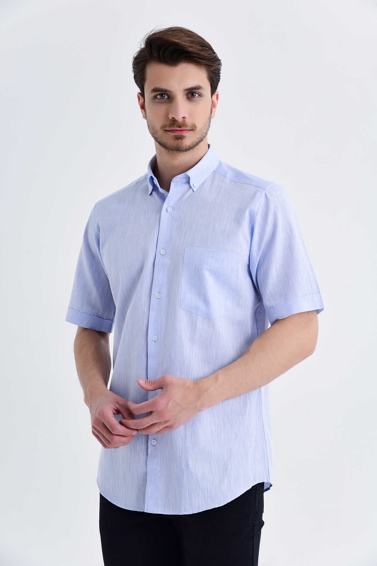 Regular Fit Linen & Cotton Blend Light Blue Casual Shirt